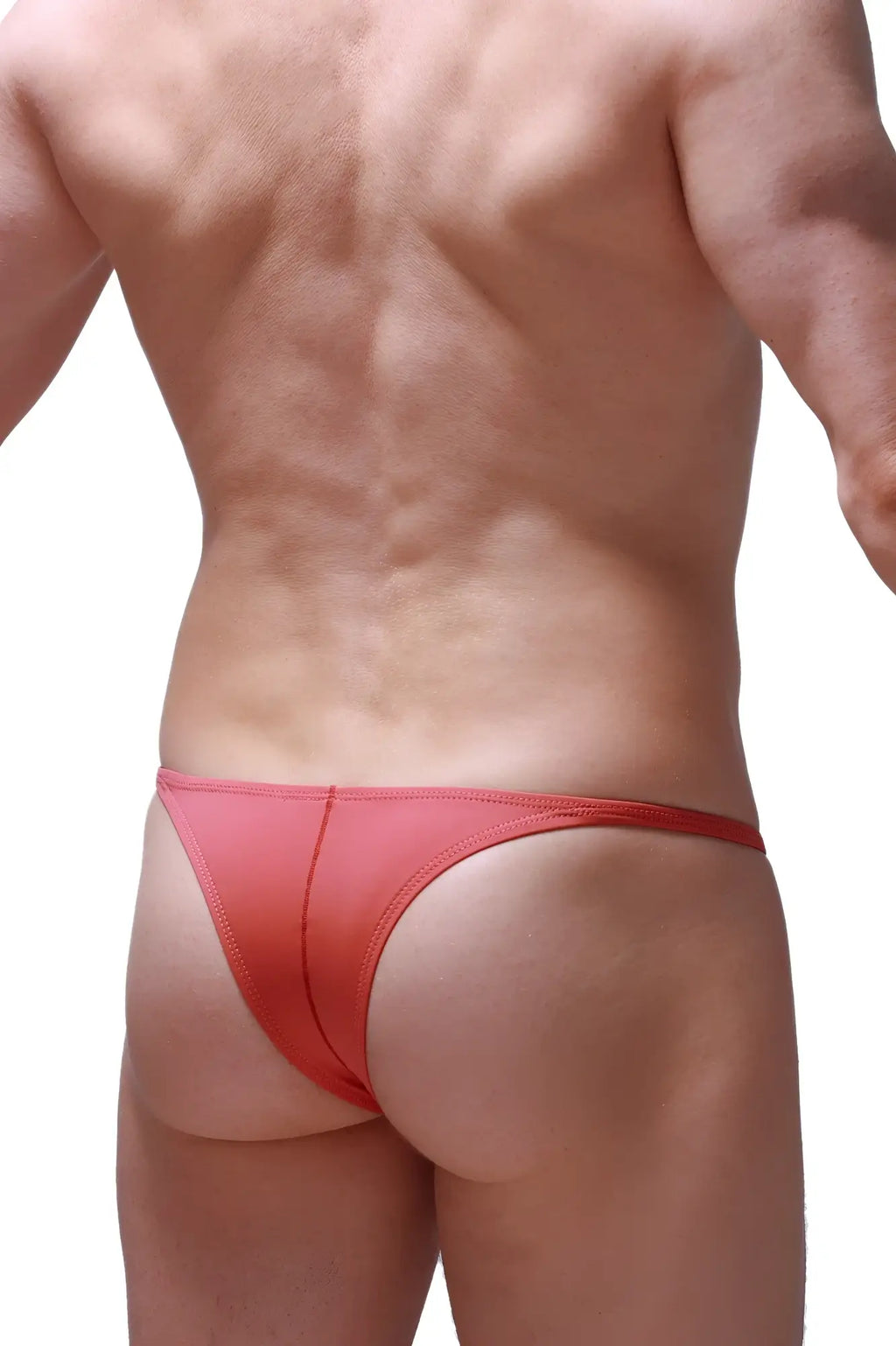 A sleek coral-red petitq bikini plellis blush thong made of smooth stretchy fabric with minimalist design and subtle stitching