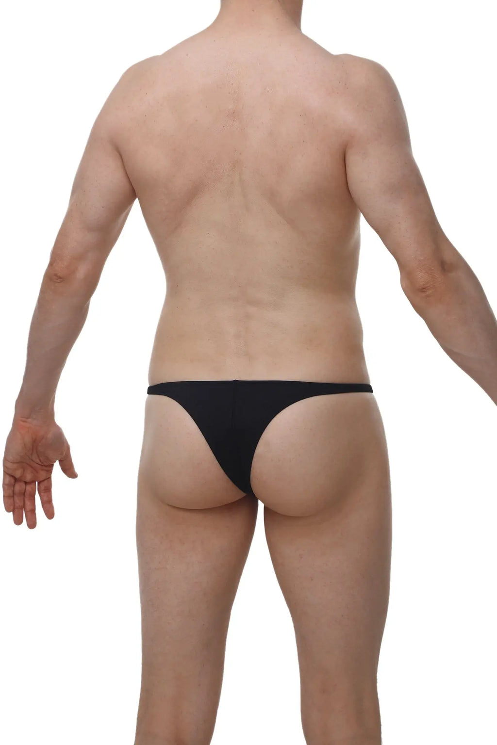 Black form-fitting thong made of smooth fabric shown from the back in petitq mens sexy underwear by arthus and nicobikini