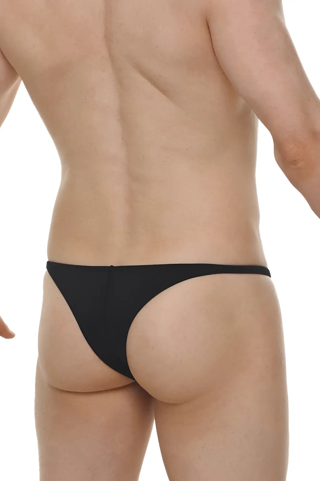 Black thong bikini plellis joe made of smooth stretchy fabric with narrow waistband shown from back side