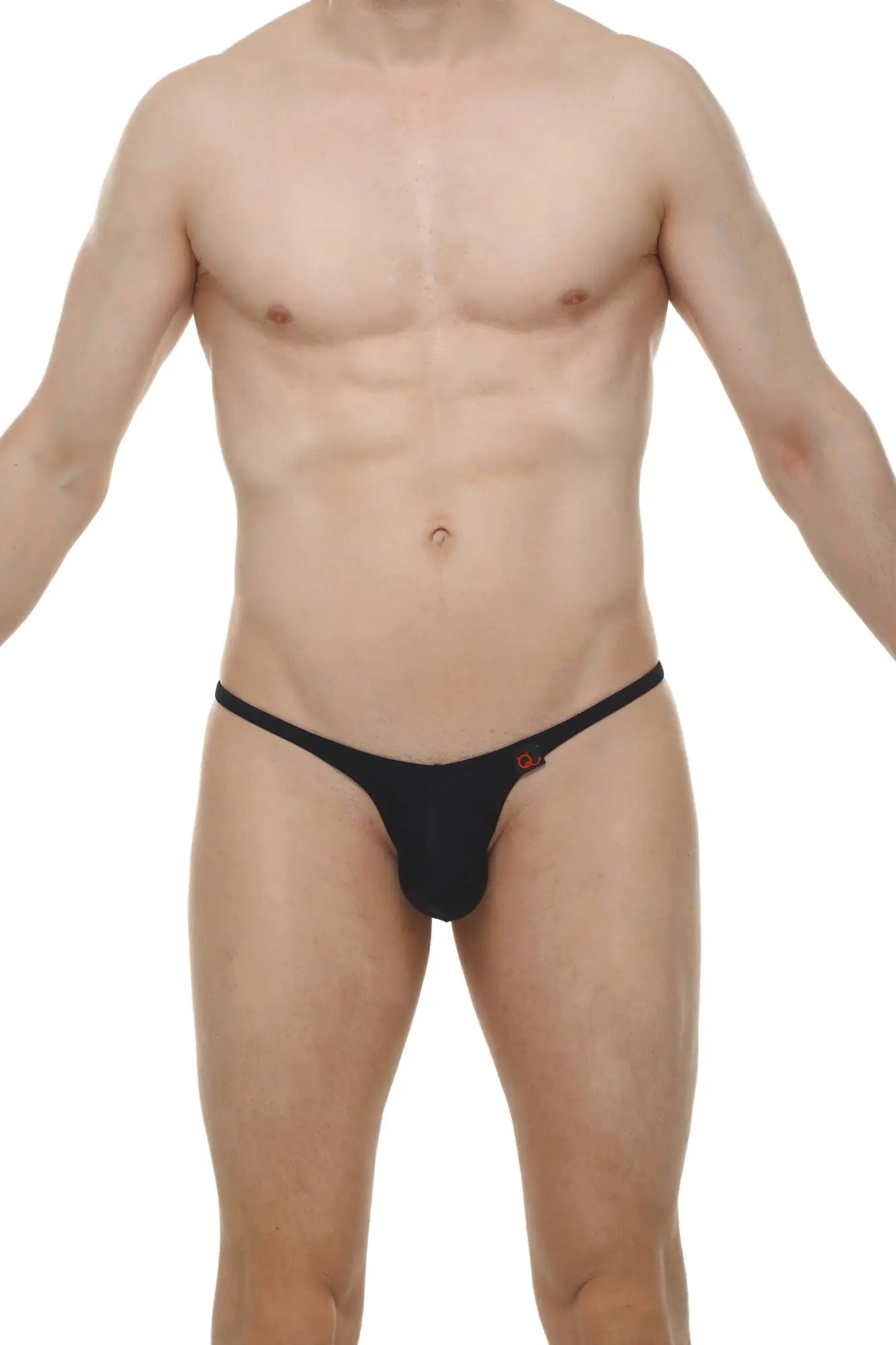 Black thong bikini plellis joe black with small red logo on the side showing front view