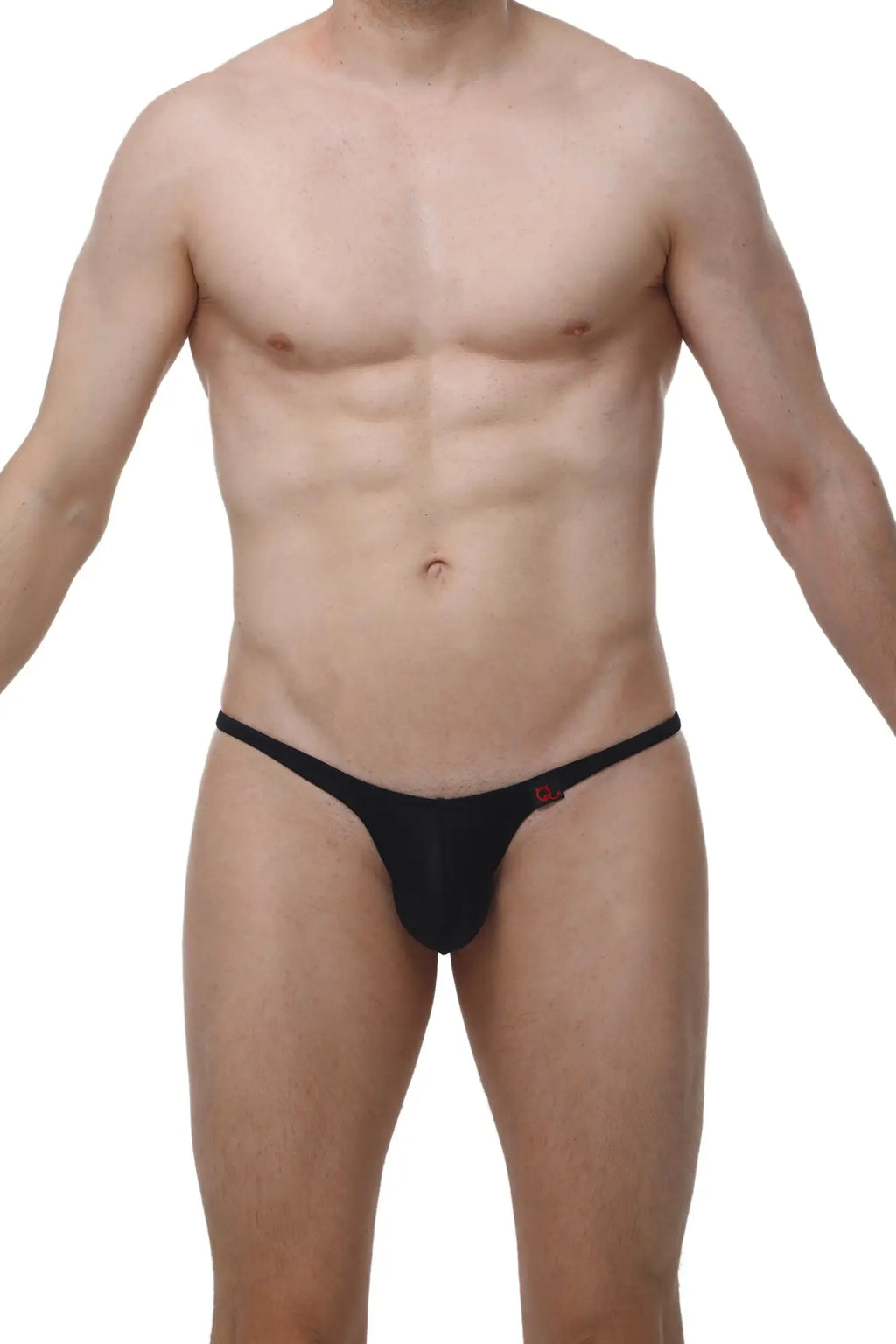 Black men’s thong underwear by arthus and nicobikini with small red logo on the side for a sexy look