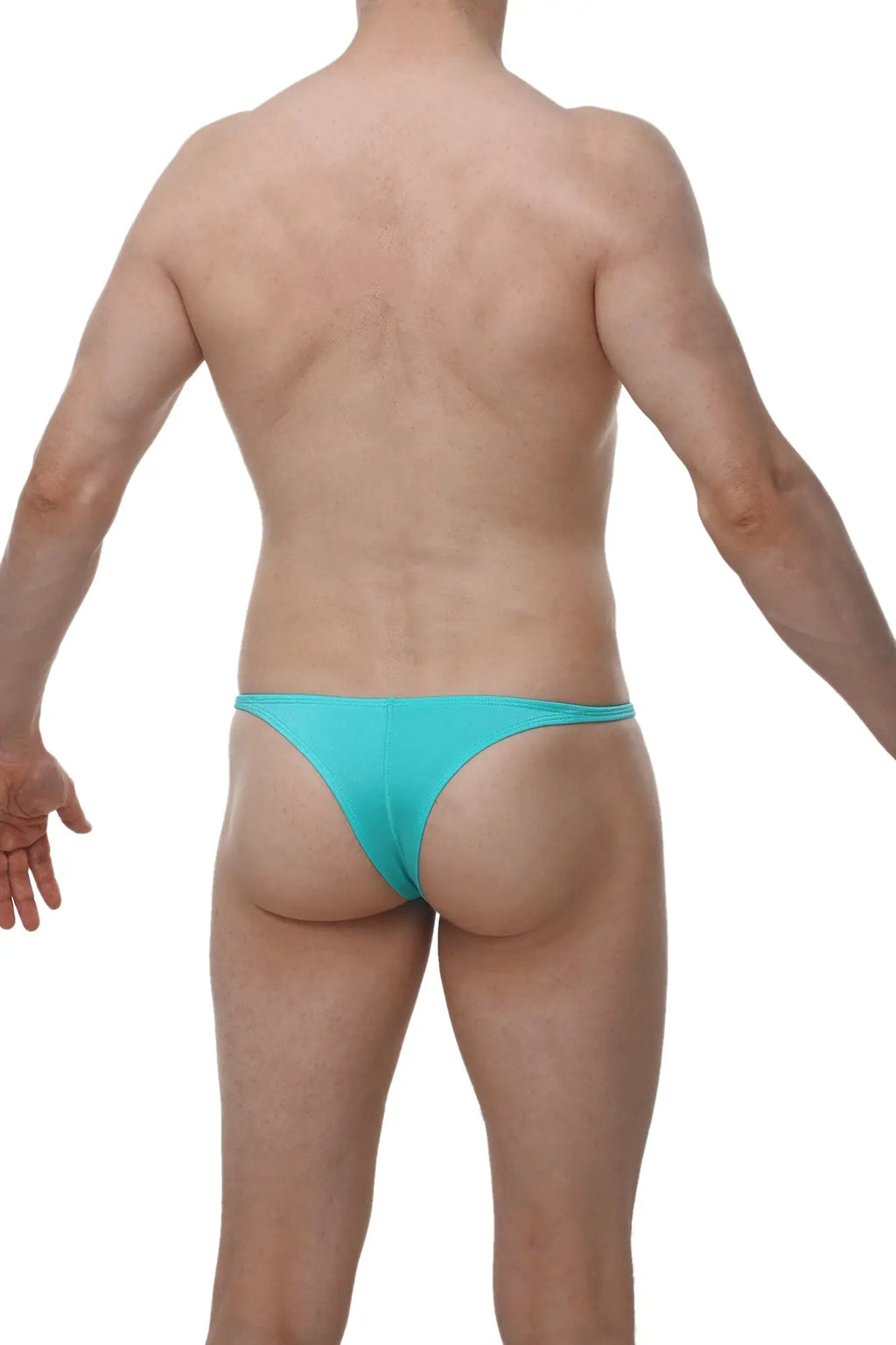 A sleek turquoise men’s thong made of smooth fabric with a minimalist design by Arthus and Nico bikiniprellis joe green