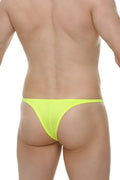 Bright neon yellow bikini plellis joe thong made of smooth stretchy fabric shown from the back side