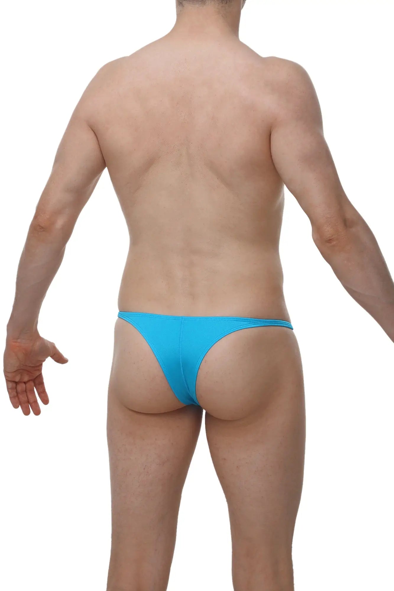 Bright blue form-fitting thong swimsuit from petitq mens sexy underwear by arthus and nicobikini in turquoise