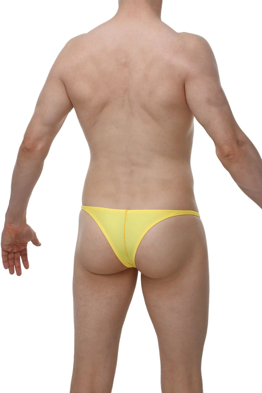 PetitQ mens sexy thong underwear by Arthus and Nico made of smooth stretchy yellow fabric form fitting design