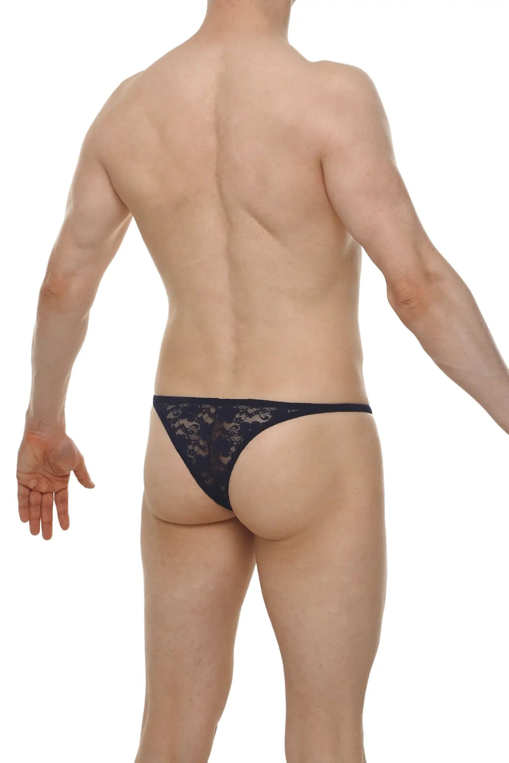 Navy bikini plellis lace thong with intricate black floral lace pattern for elegant lingerie wear