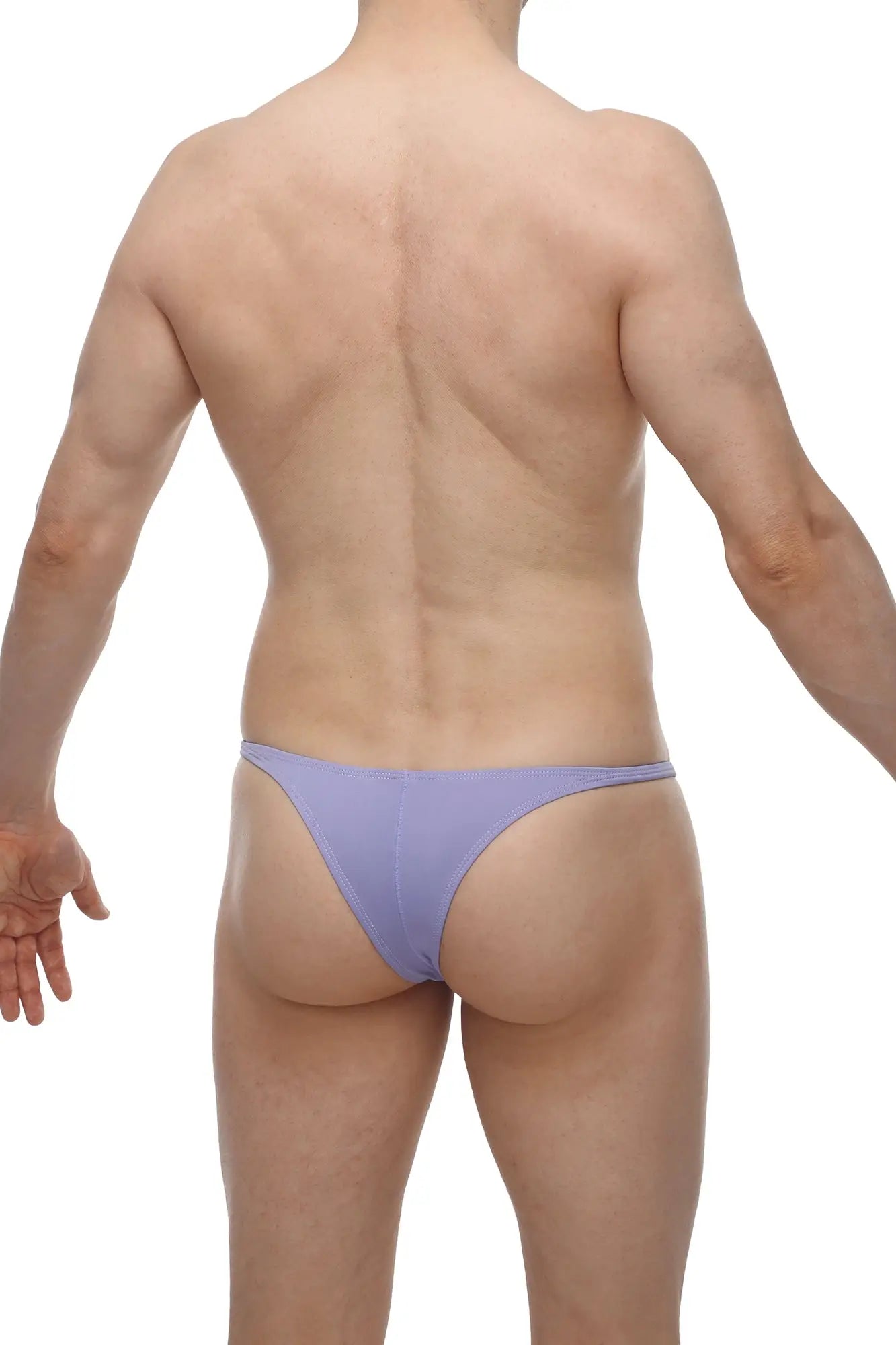 Lavender-colored petitq bikini plellis lilac thong in smooth stretch fabric with a form-fitting design shown from back