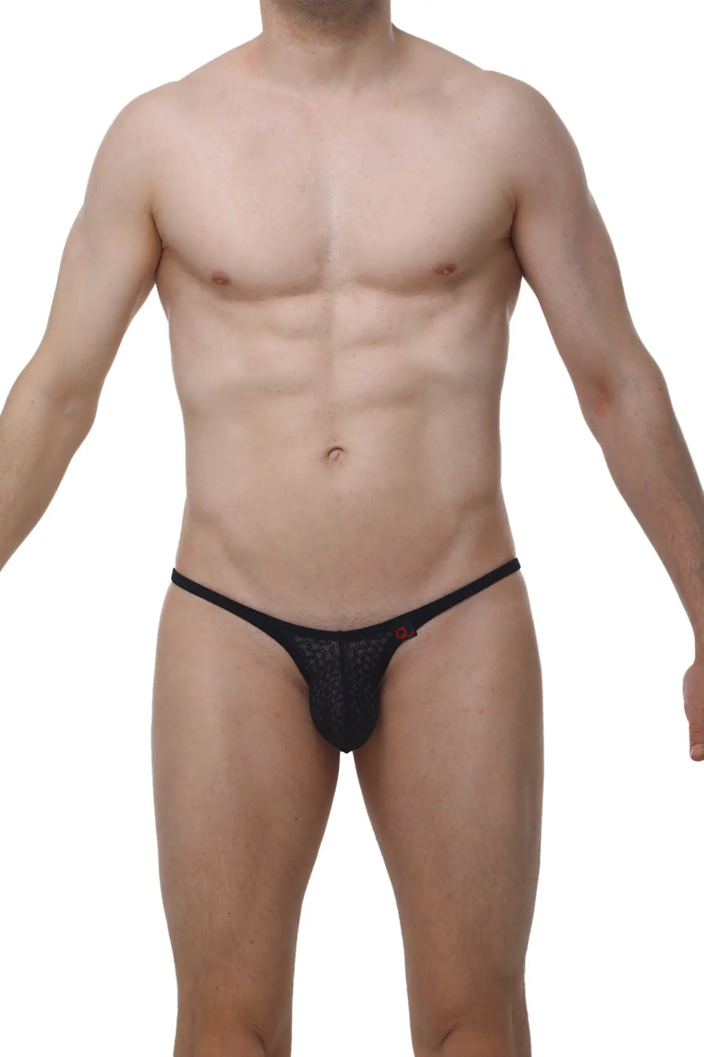 Black mesh thong with a small red logo on the side from petitq bikini plellis macra black collection