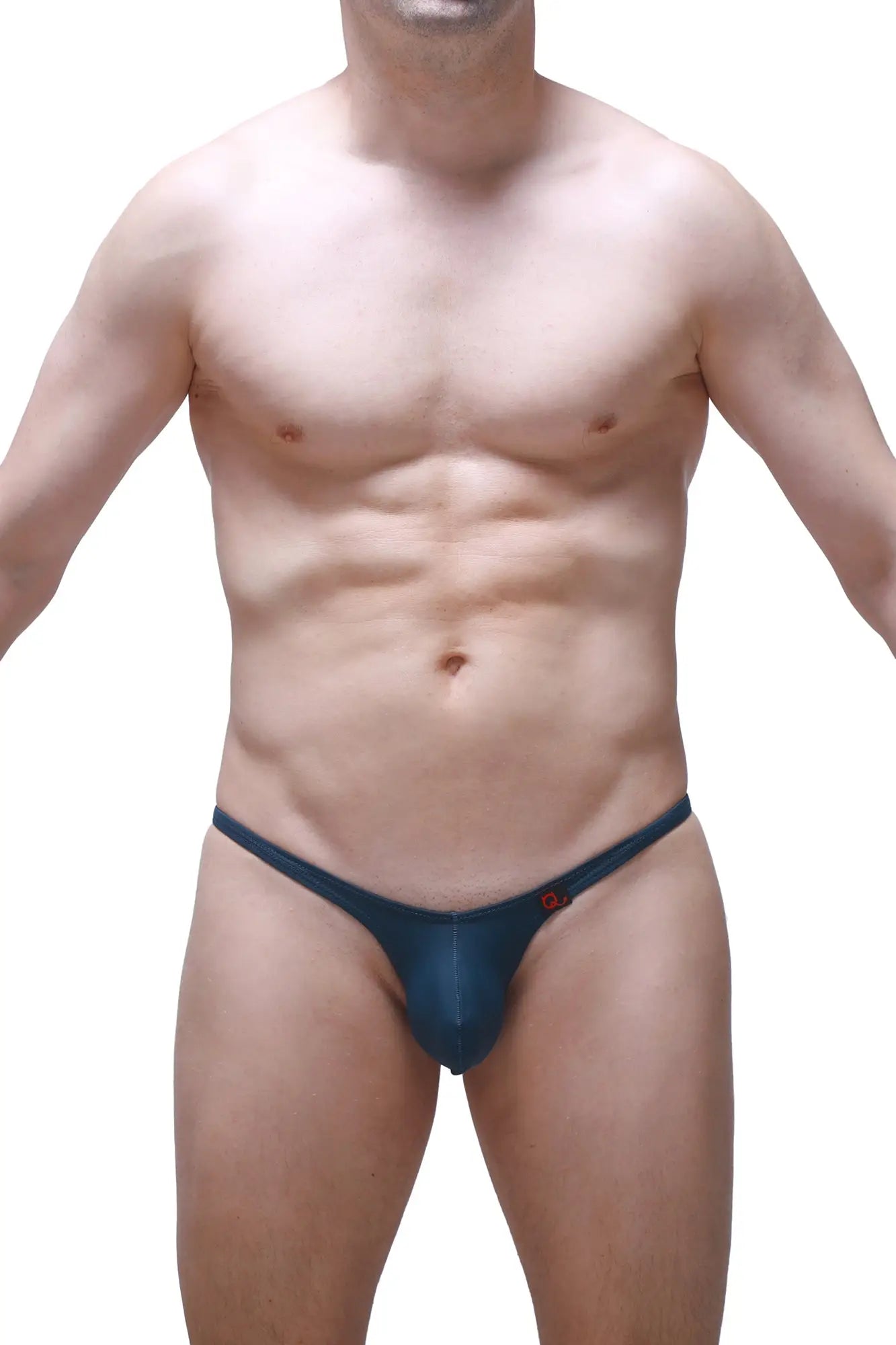 Navy blue thong bikini plellis prussian blue with a small red logo on the left hipband shown from the back
