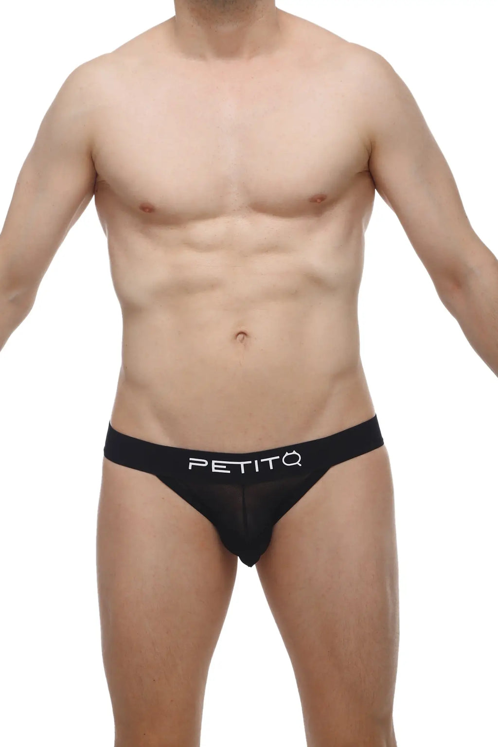 Black petitq bikini pons mens briefs featuring a sheer mesh front and white logo branding on black fabric