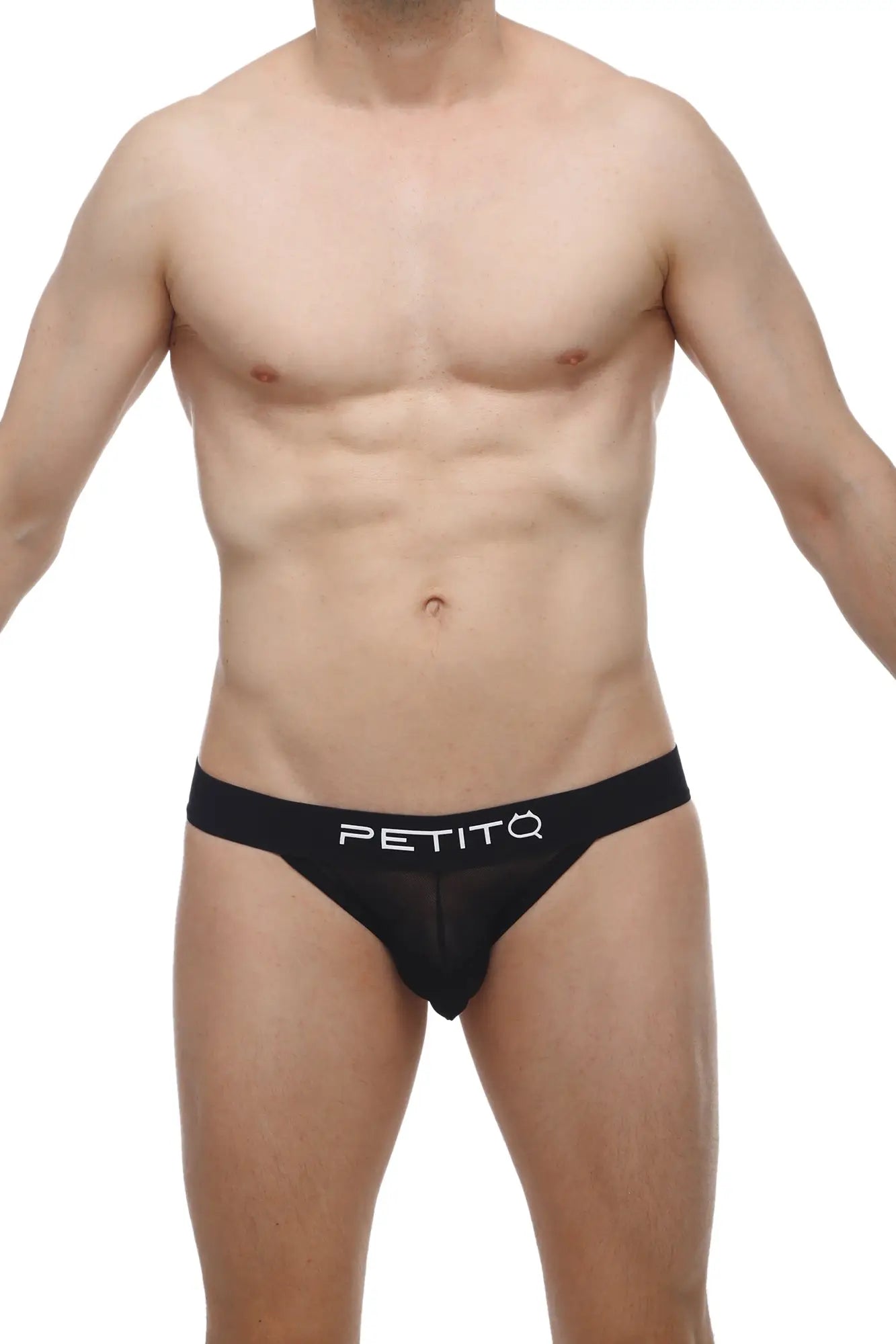 Black petitq bikini pons mens briefs featuring a sheer mesh front and white logo branding on black fabric