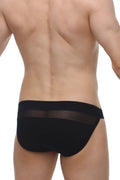 Black petitq bikini briefs with sheer mesh panel across the waistband front view