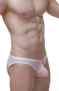 Petitq bikini prix løve pink and white patterned men’s briefs with sheer mesh design front view