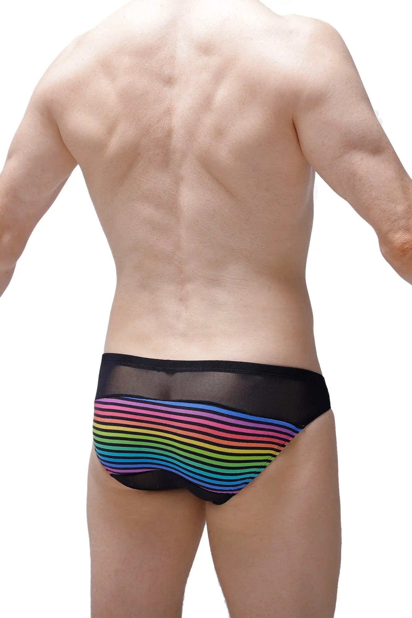 Black mesh petitq bikini prix monti briefs with vibrant wavy rainbow stripes across the front