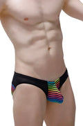 Black PetitQ bikini briefs with vibrant rainbow-striped side detailing for stylish swimwear use
