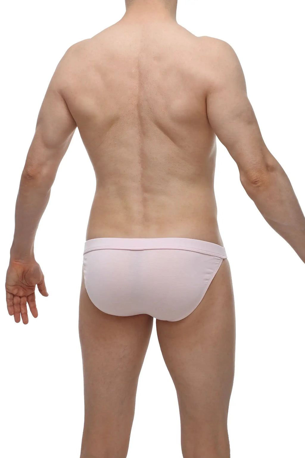 A sleek light pink bikini brief with smooth bamboo fabric and subtle seam detailing in the front view