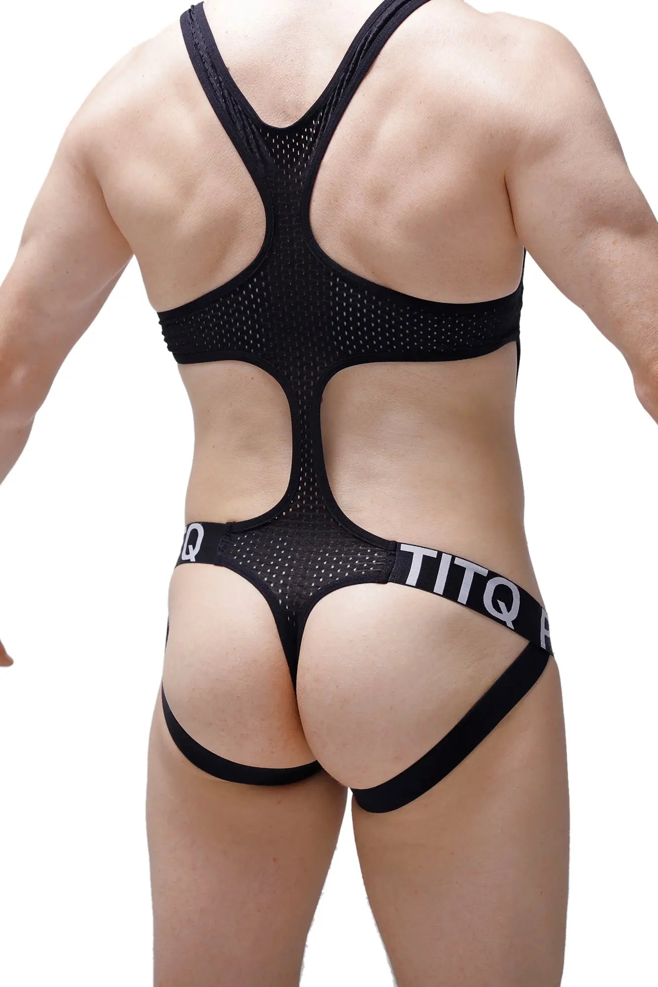 Black mesh petitq body jockstring with cutout design and titq branding on the waistband in black