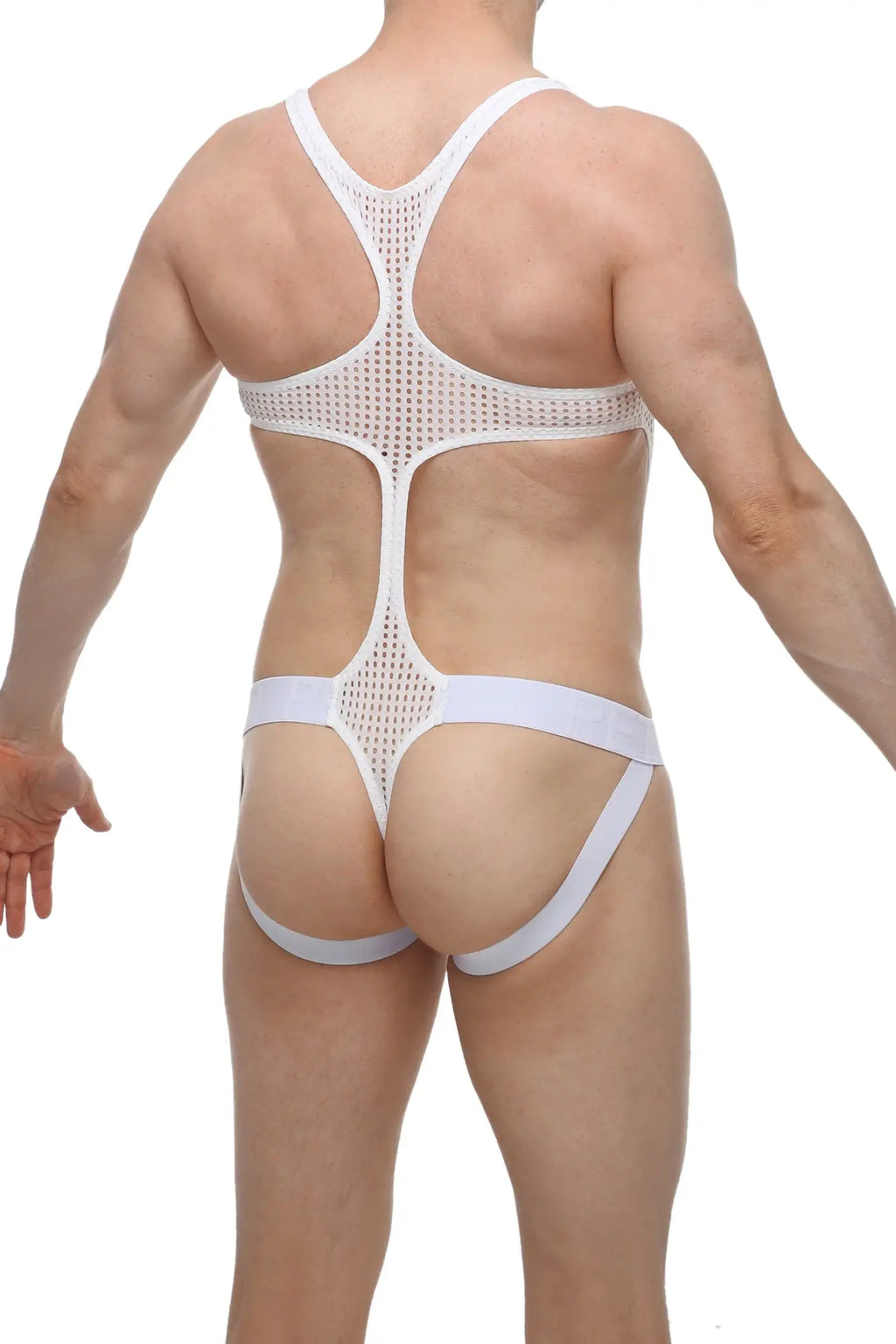 Back view of petitq body jockthong oze durtol white mesh athletic brief with cutout back and wide elastic waistband
