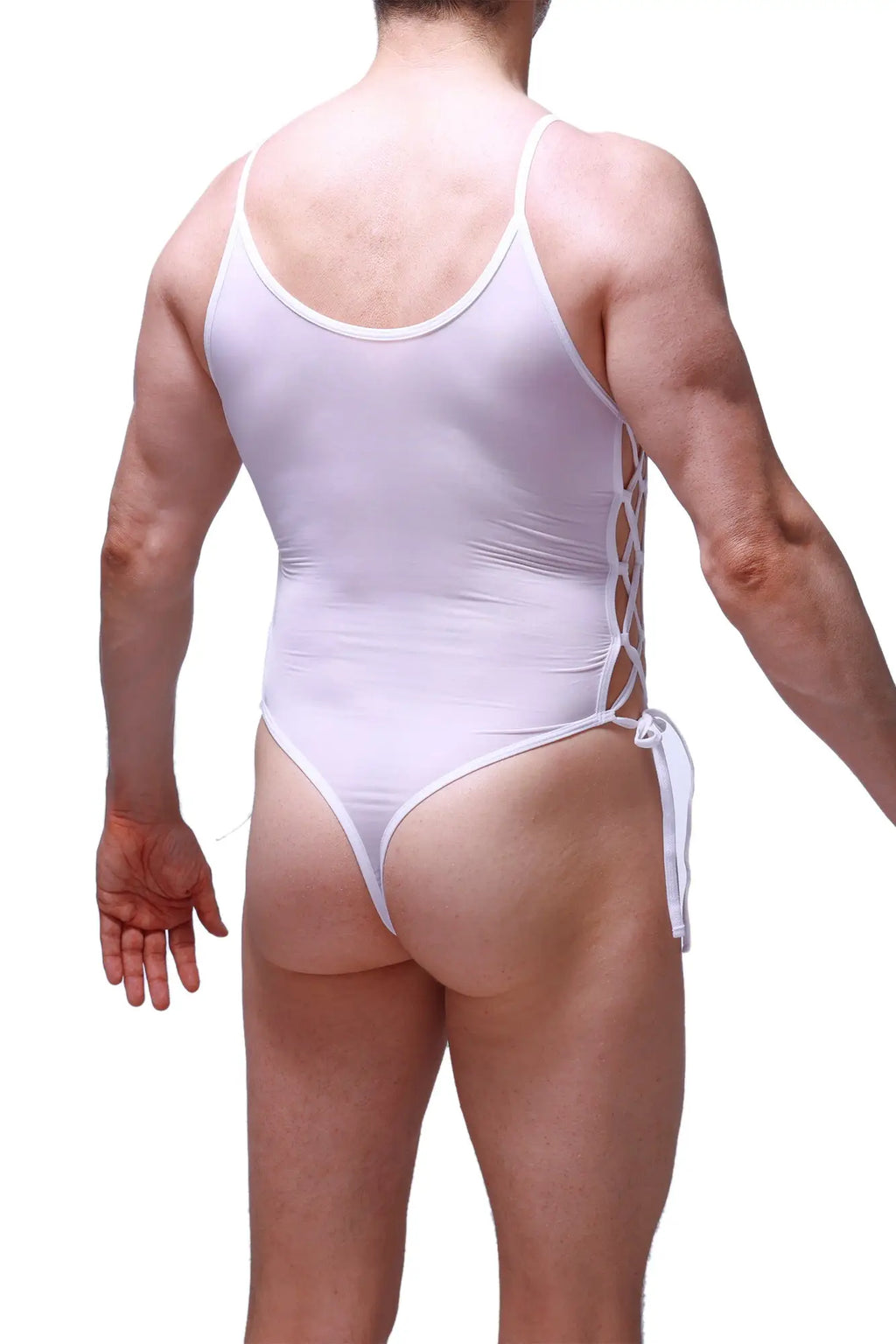 White one-piece swimsuit with thin straps and lace-up back detail from PetitQ body lacets plum white collection