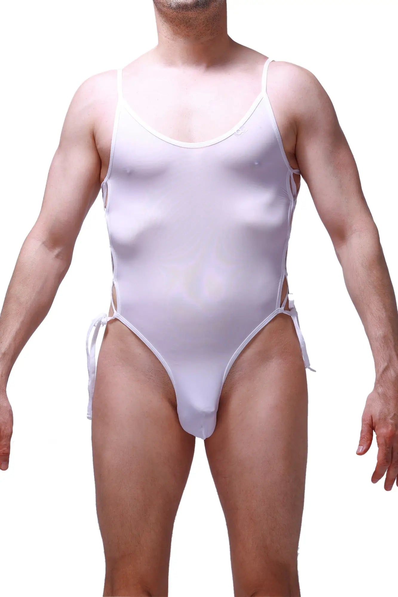 White sheer one-piece swimsuit petitq body lacets plum white with thin straps and side ties for a stylish fit