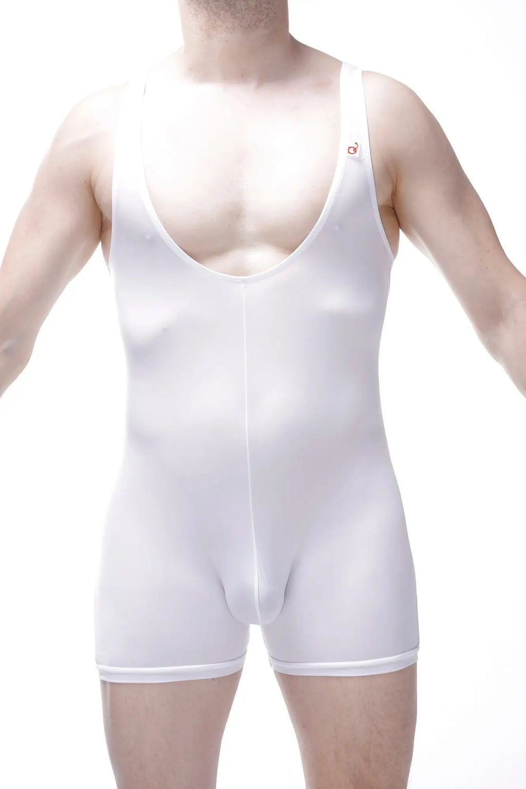 Petitq bodyboxer malay plum white is a white form-fitting men’s compression bodysuit with scoop neckline and brief-style legs