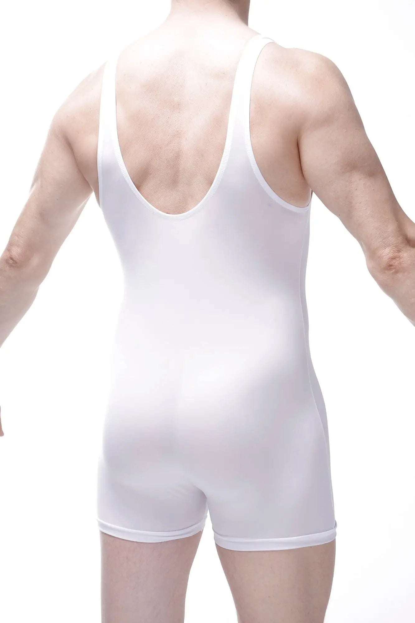 White petitq bodyboxer singlet with seamless construction and deep back cutout shown from the back side