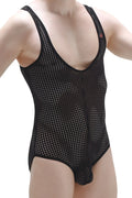 PetitQ Bodybrief Durtol black mesh one-piece bodysuit with deep v-neckline and thin shoulder straps