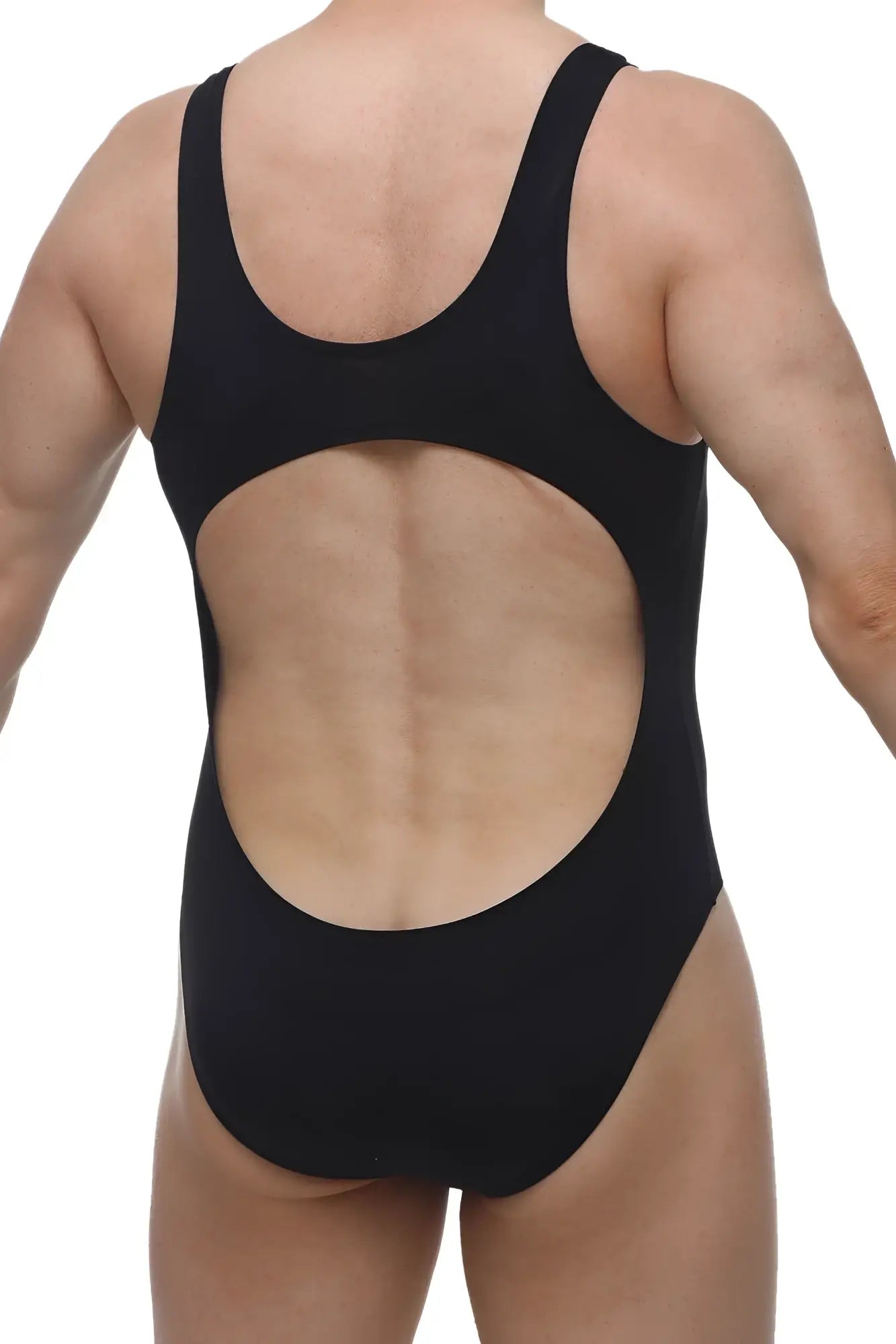 Back view of petitq bodybrief open black one-piece swimsuit with large circular cutout detail