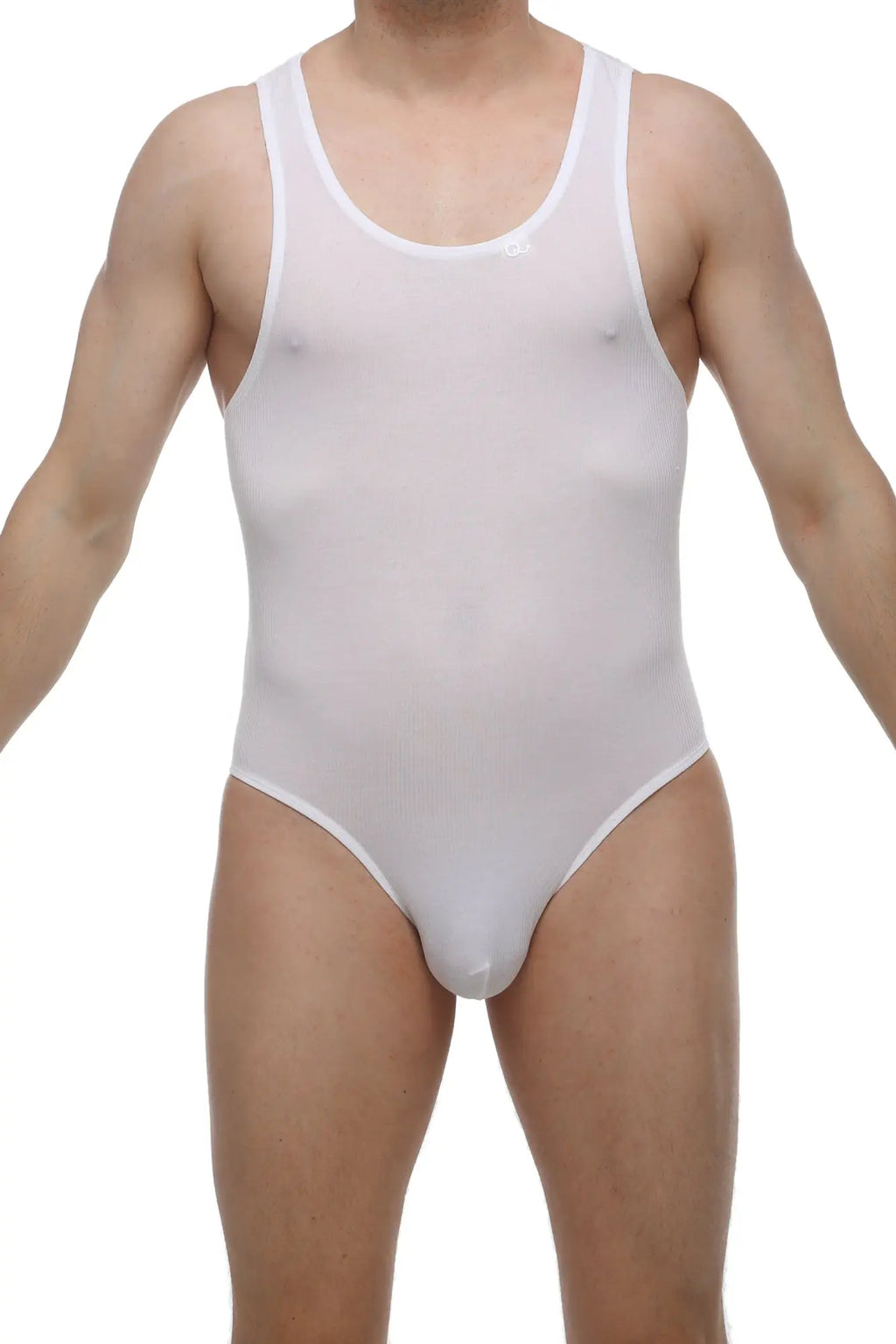 White sheer mesh one-piece swimsuit with scoop neckline and high-cut legs from PetitQ Bodybrief Open White collection