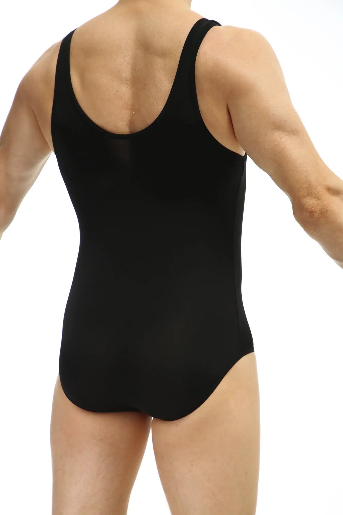 Black one-piece PetitQ bodybrief plum leotard with wide straps and rounded back neckline shown from the back side