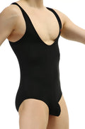 Petitq bodybrief plum black one-piece swimsuit with thin shoulder straps and deep v-neckline in black