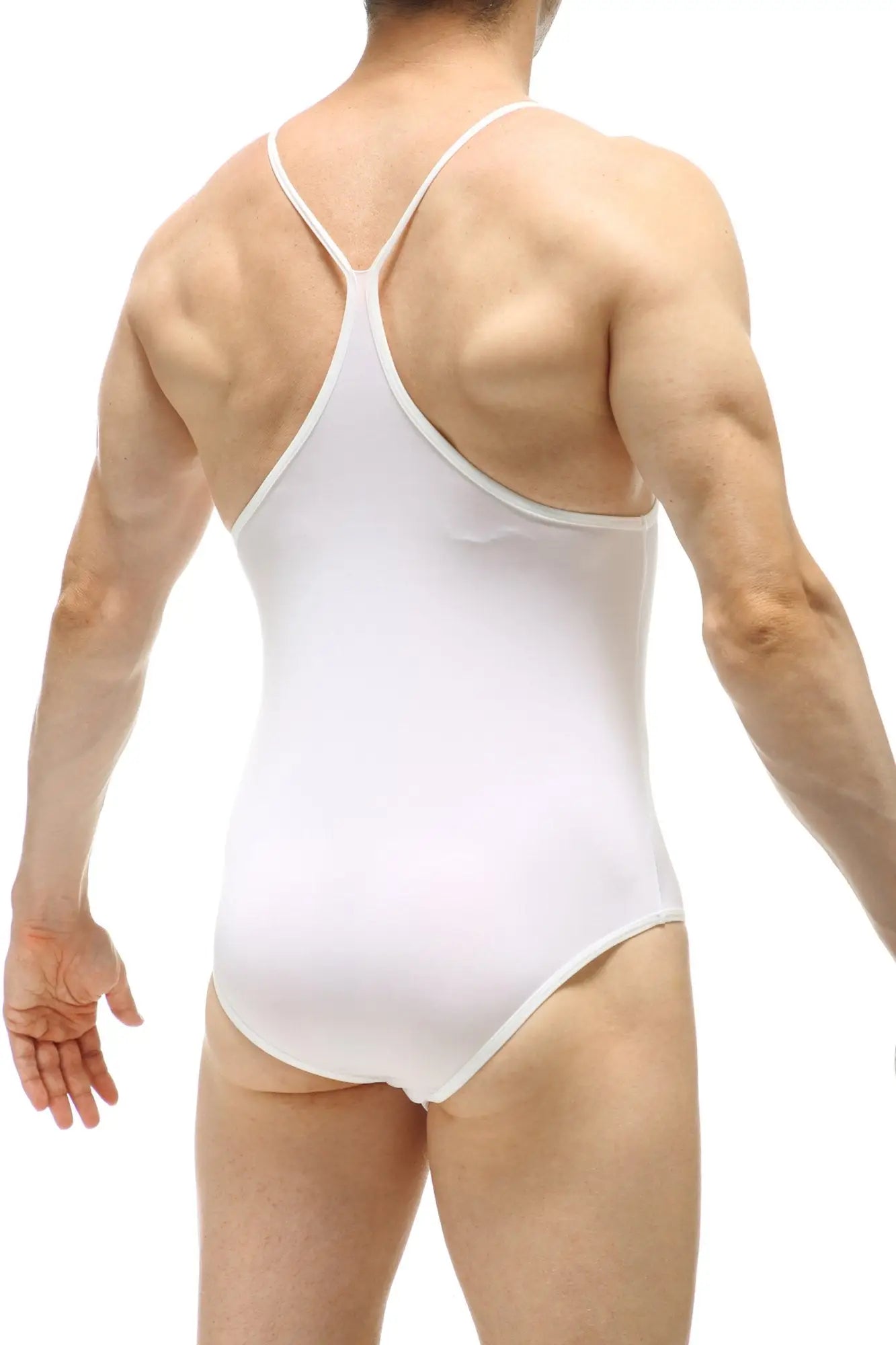 White one-piece swimsuit by petitq bodybrief with thin crisscross shoulder straps and smooth form-fitting design