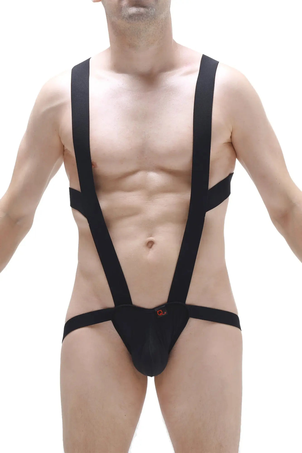 PetitQ BodyJockstrap black suspenders-style bodysuit with snug fit and small red logo on front