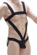 Black elastic strap bodysuit with minimalist geometric design from petitq bodyjockstrap oulins black collection