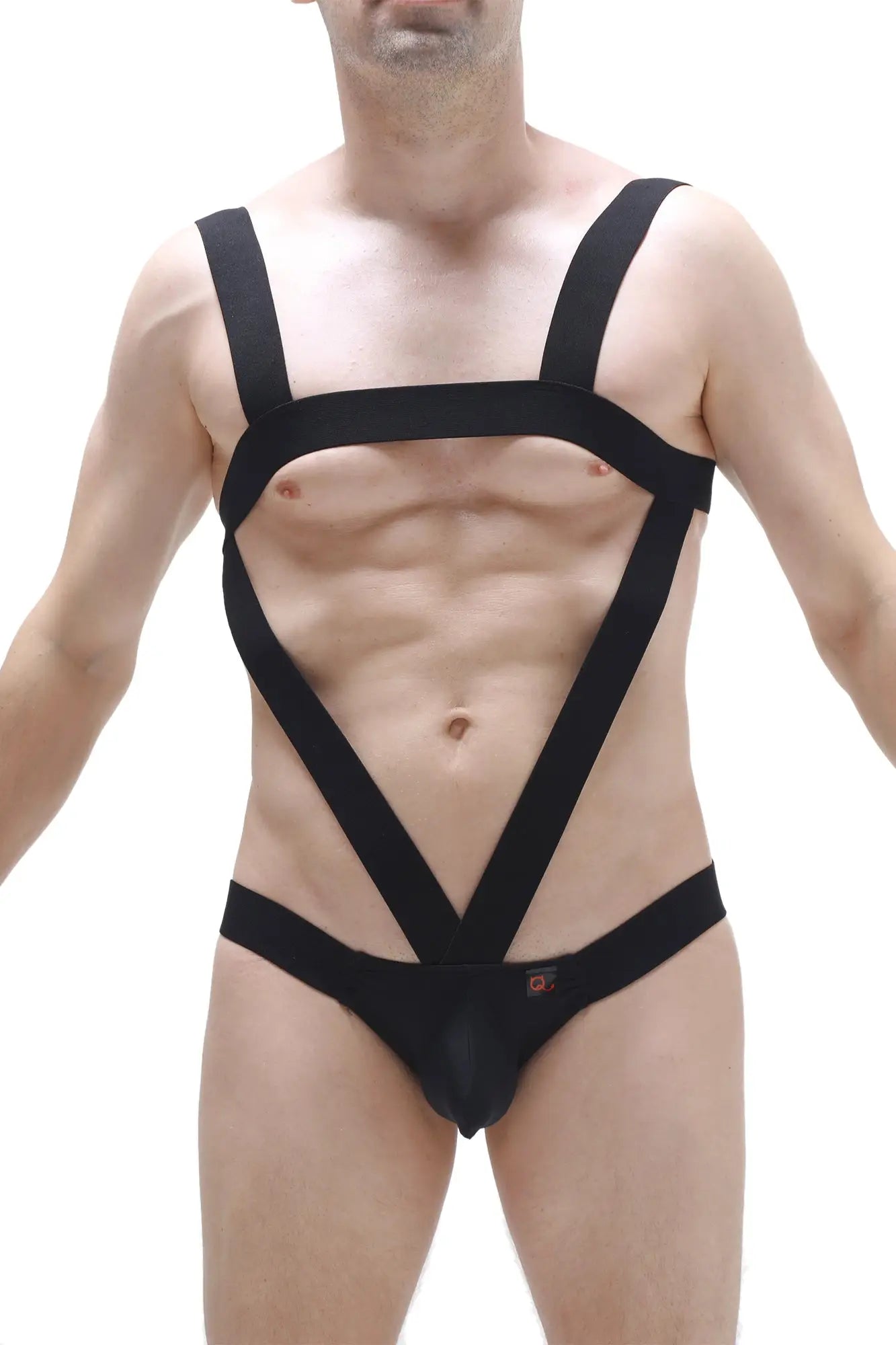 PetitQ bodyjockstrap Oulins black strappy harness bodysuit with bold geometric design in black fabric