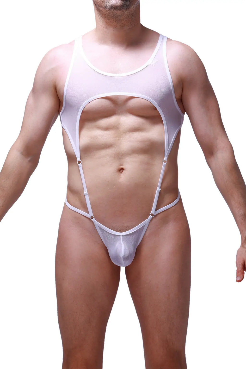 PetitQ Bodystring Naves white sheer mesh one-piece swimsuit with cutout design and adjustable straps visible from the back