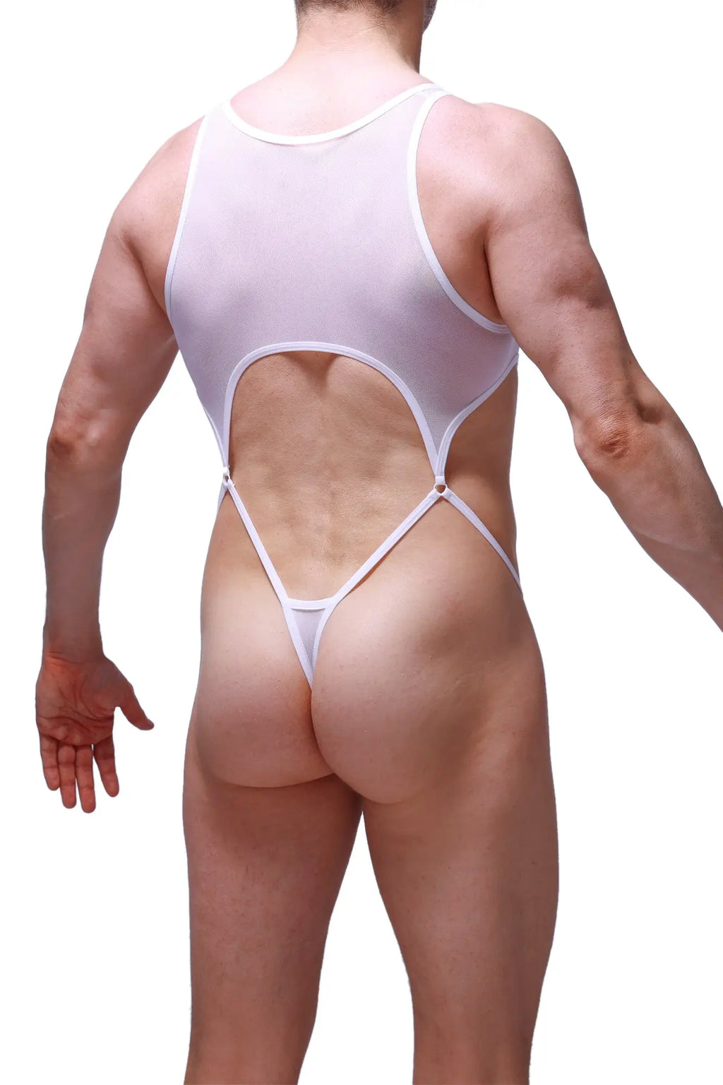 White sheer one-piece swimsuit with a cutout back and thin straps shown from the back petitq bodystring naves white
