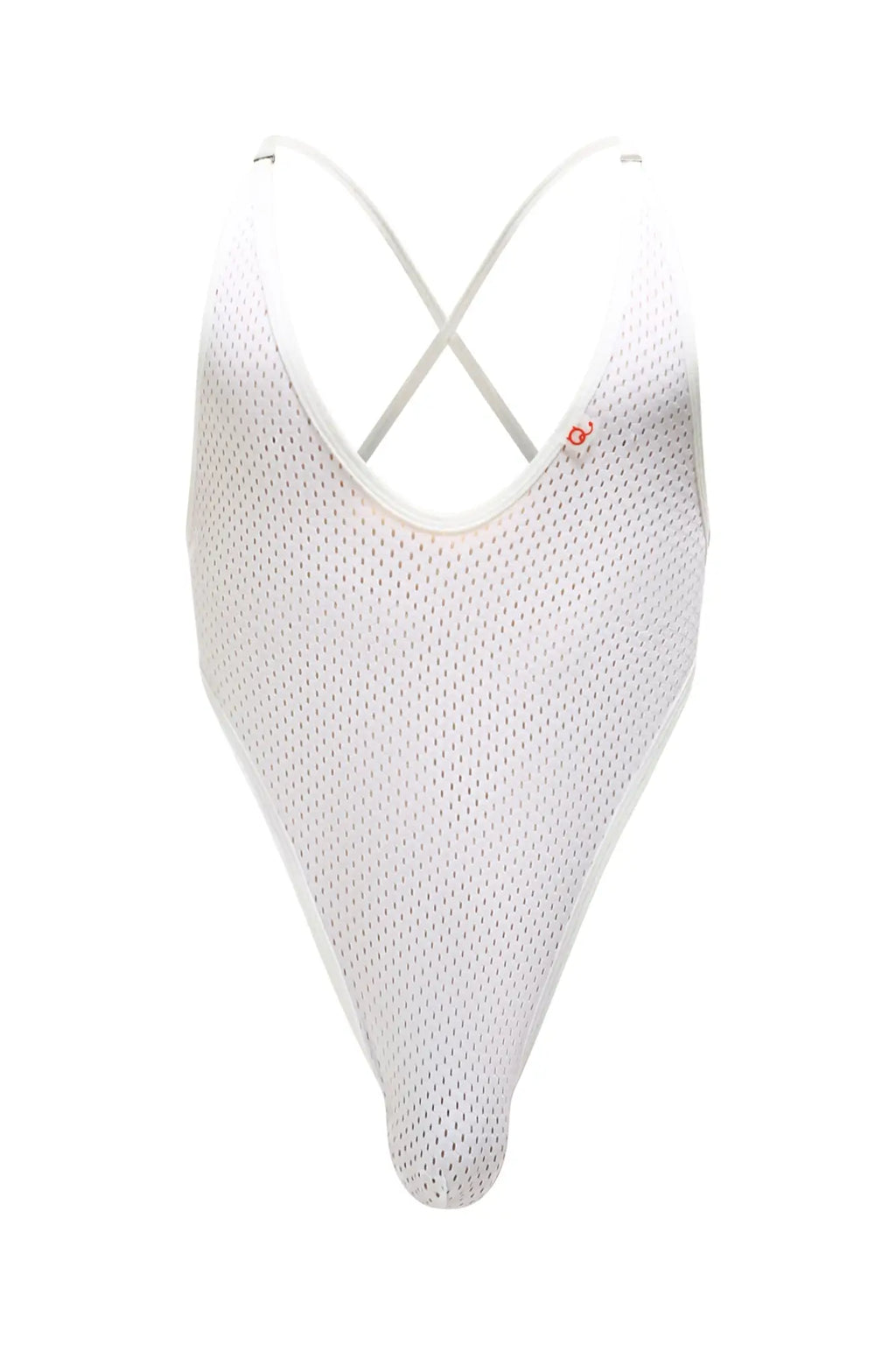 White mesh one-piece swimsuit with crisscross back straps petitq bodystring tarare bee white shown from back