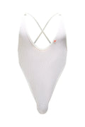 White mesh one-piece swimsuit with crisscross back straps petitq bodystring tarare bee white shown from back