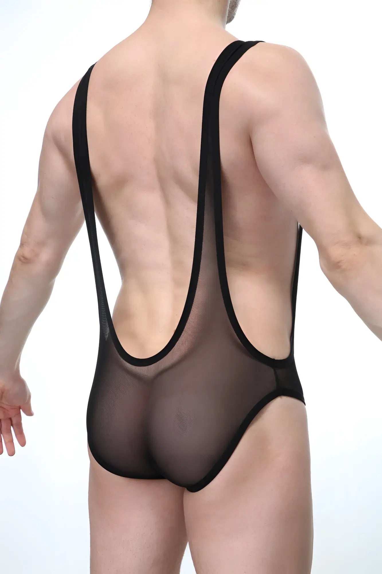 PetitQ bodysuit Altorf net black black mesh bodysuit with thin shoulder straps and a backless design back side view