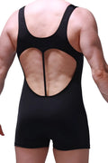 Back view of petiteq bodysuit boxer linthal black form-fitting wrestling singlet with heart-shaped cutout design