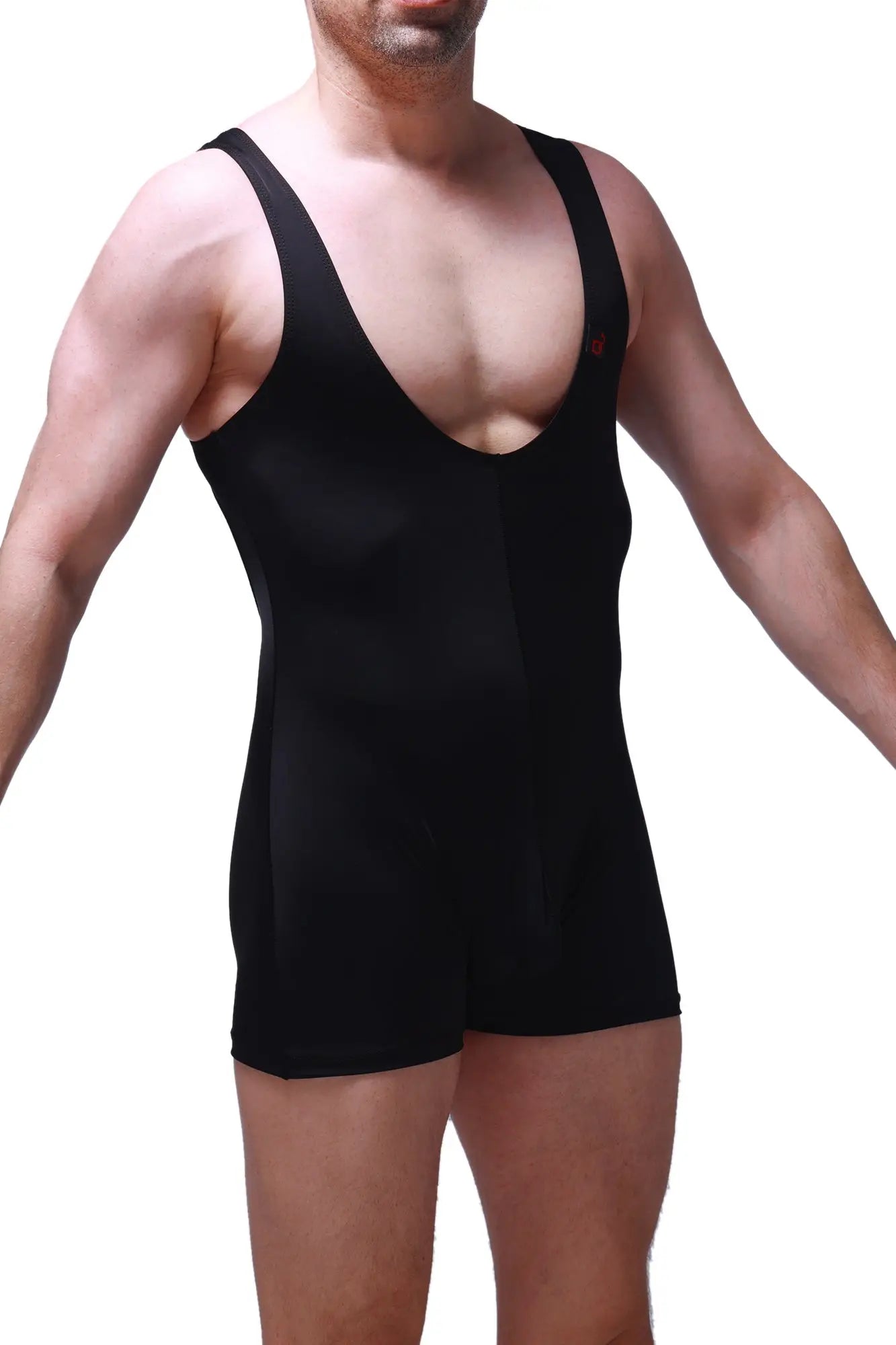 Black sleeveless athletic one-piece bodysuit with deep v-neckline and fitted design from petitq linthal collection