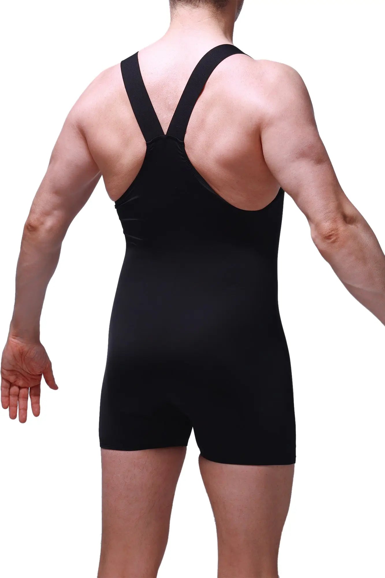 Black petitq bodysuit boxer ondel athletic suit back view with wide shoulder straps and form-fitting design