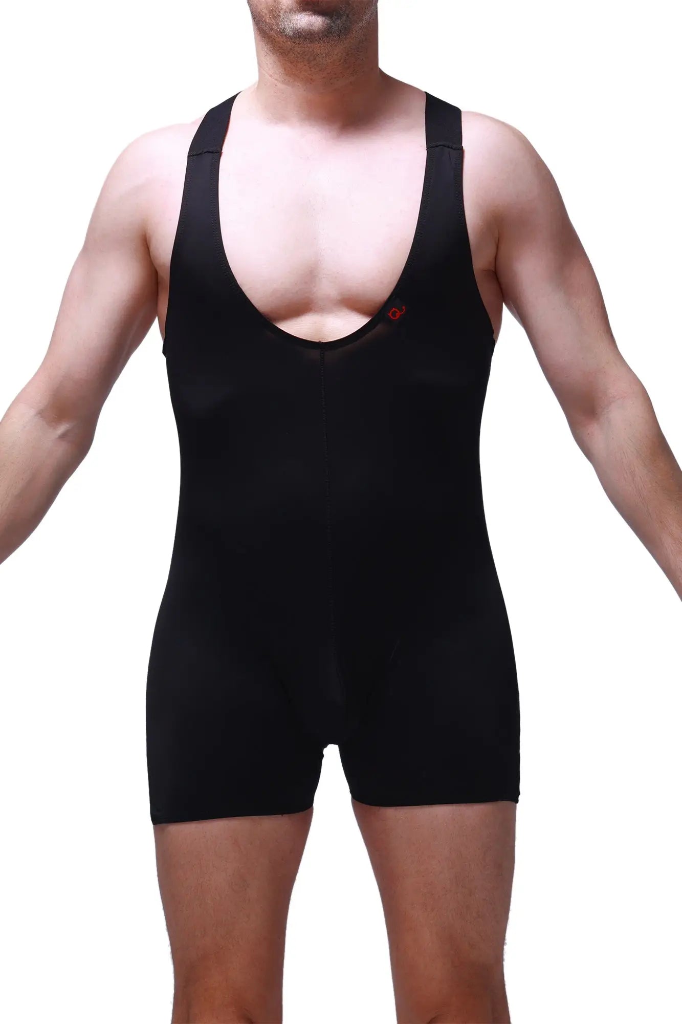 PetitQ bodysuit boxer ondel black sleeveless athletic bodysuit with deep scoop neckline and elasticated waistband