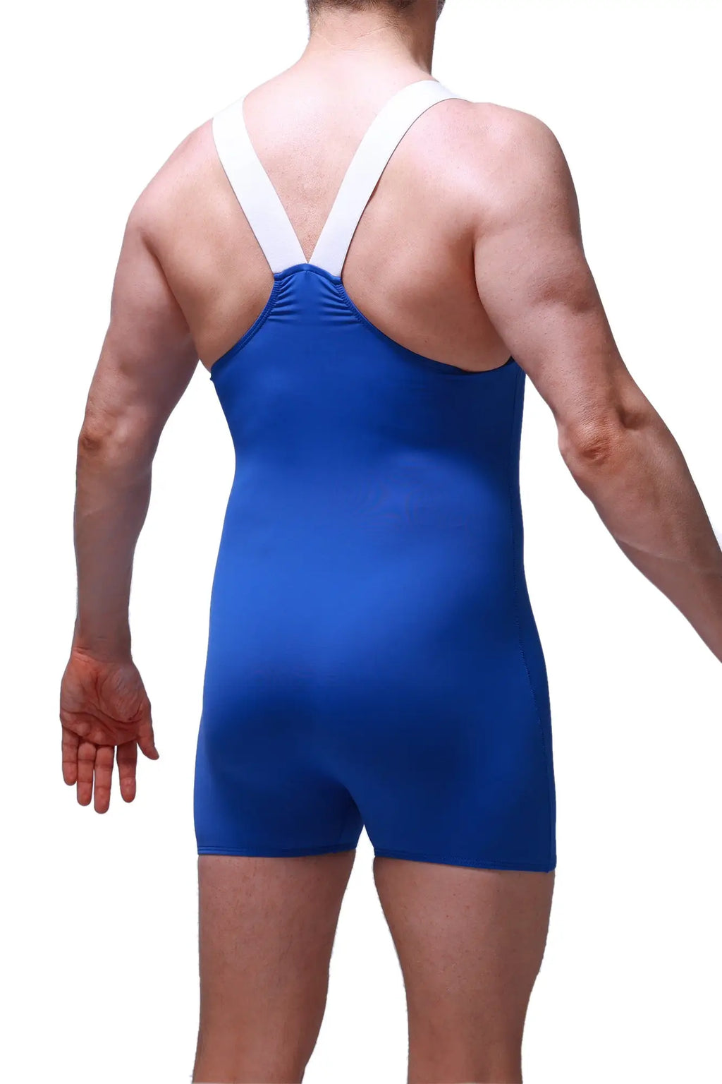 Blue petitq bodysuit boxer ondel with white cross-back straps shown from the back in athletic singlet style