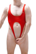 Red mesh one-piece swimsuit with cutout design PetitQ bodysuit Caussol Bee red highlighting breathable fabric