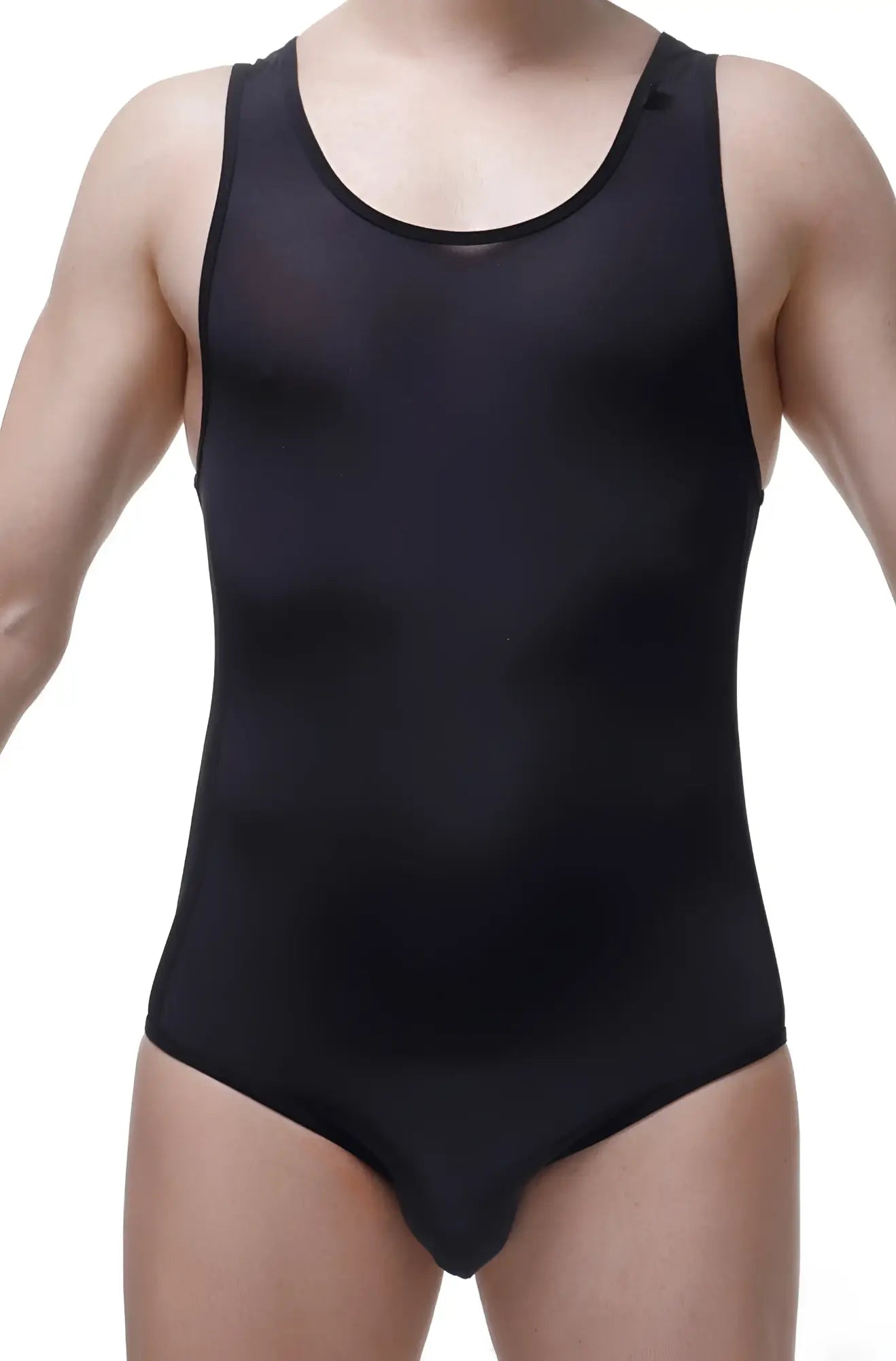 PetitQ Bodysuit Herly black seamless fit mesh tank top with scoop neckline in black color