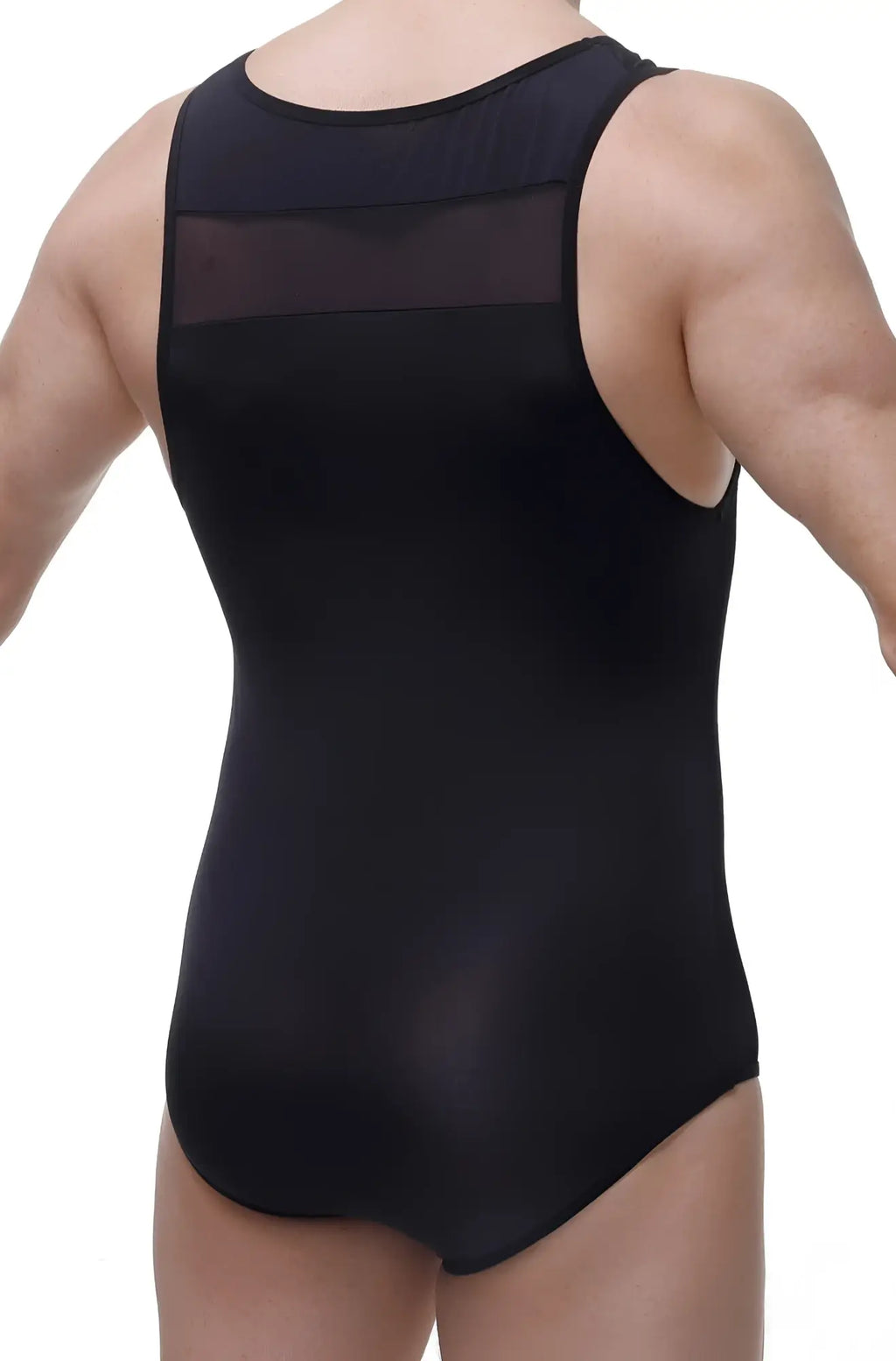 Back view of petitq bodysuit herly black sleeveless leotard with sheer mesh panel across upper back