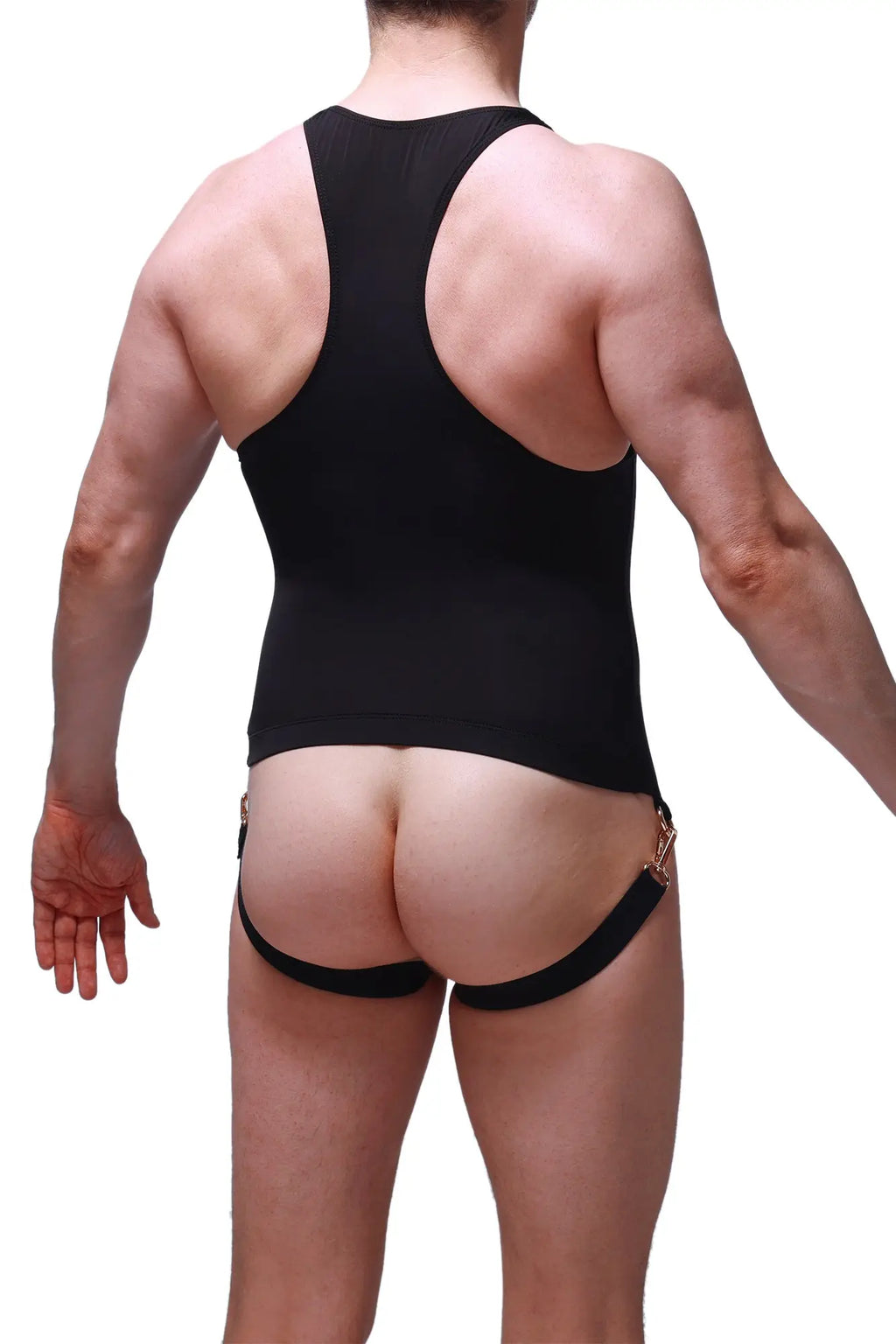 Black PetitQ bodysuit jockstrap aspect plum with racerback brief style and gold metal hardware accents on sides
