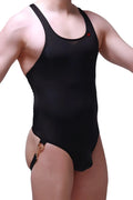 Black petitq bodysuit jockstrap with sheer mesh neckline and gold-tone hardware on the side in black